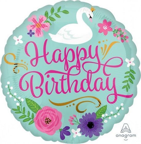 Elegant 45cm foil balloon featuring a floral swan design, perfect for birthday parties and special celebrations.