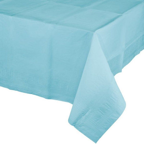 Pastel blue table cover, 54 x 108 inches, ideal for events, protects surfaces, adds elegance to any gathering.