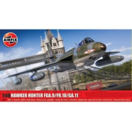 1:48 scale plastic model kit of the Airfix Hawker Hunter FGA.9, designed for detailed close air support scenarios.