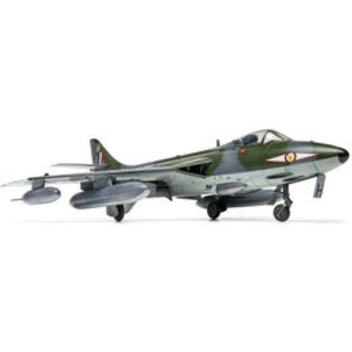 1:48 scale plastic model kit of the Hawker Hunter FGA.9, featuring detailed components and paint layout for accurate assembly.