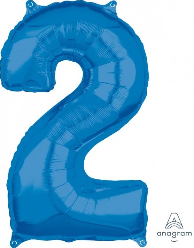 Mid-size blue numeral 2 balloon, perfect for birthdays and celebrations, made from high-quality foil, floats beautifully.