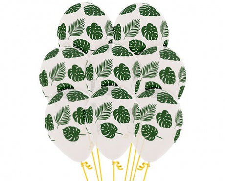 Pack of 12 elegant 30cm white latex balloons with forest green leaf design, perfect for any festive occasion.