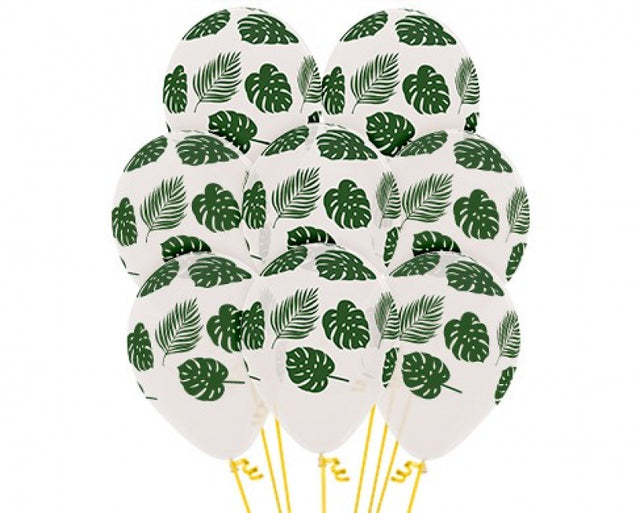 Pack of 12 elegant 30cm white latex balloons with forest green leaf design, perfect for any festive occasion.