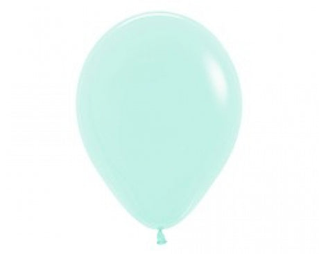 Pack of 50 pastel matte green latex balloons, perfect for birthdays and baby showers decor.