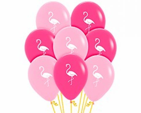 Pack of 12 vibrant 30cm flamingo design latex balloons, perfect for tropical-themed parties and summer celebrations.