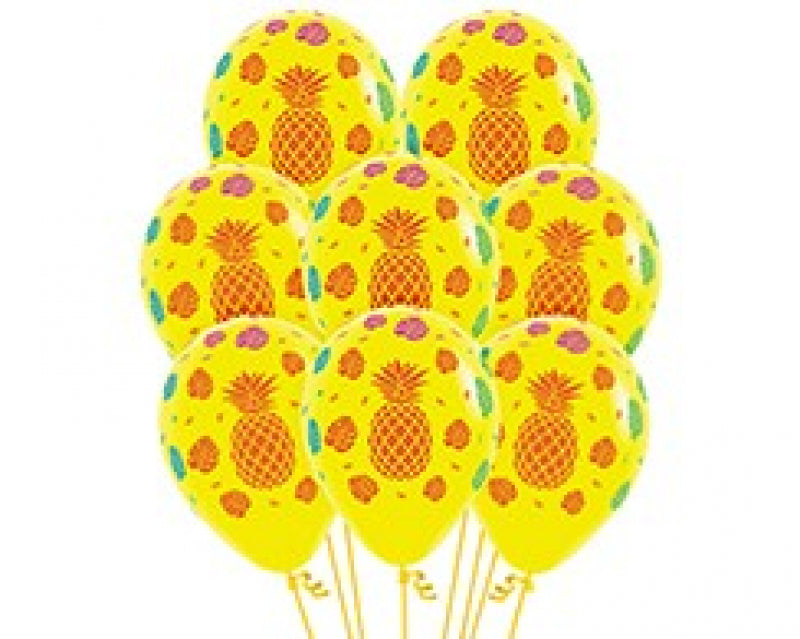 Bright yellow latex balloons with tropical patterns, perfect for summer parties, bridal showers, and festive celebrations. Pack of 12.