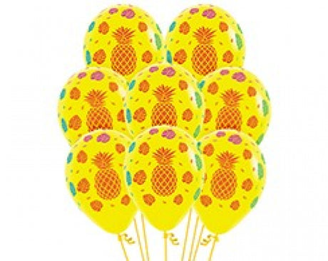 Bright yellow latex balloons with tropical patterns, perfect for summer parties, bridal showers, and festive celebrations. Pack of 12.