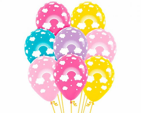 Colorful 30cm rainbow design latex balloons in a pack of 12, perfect for festive events and celebrations.