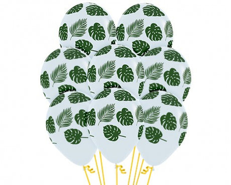 Pack of 12 clear latex balloons with green leaf design, perfect for elegant celebrations and party decor.
