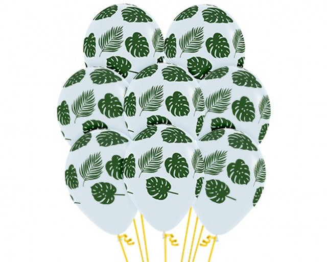 Pack of 12 clear latex balloons with green leaf design, perfect for elegant celebrations and party decor.
