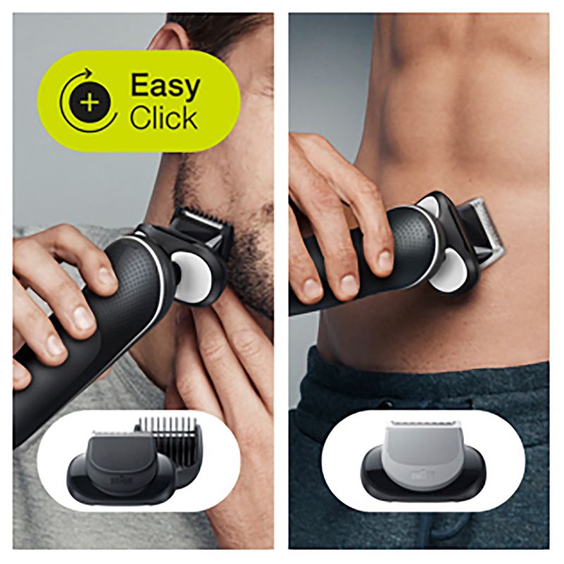 Braun Wet & Dry shaver with charging stand, featuring 3 flexible blades and 2 attachments for versatile grooming.