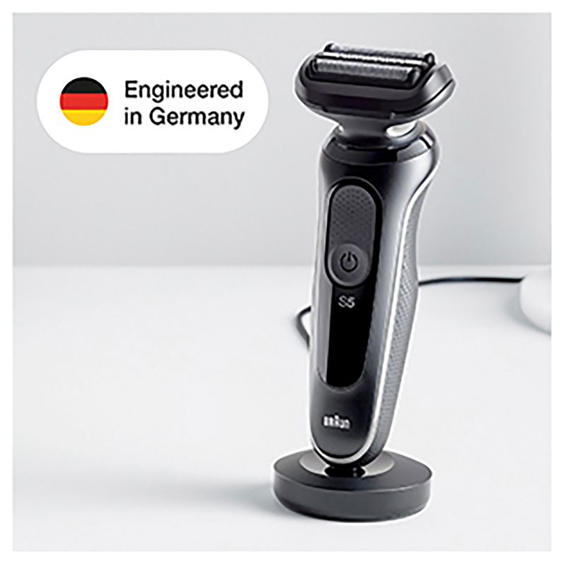 Braun Wet & Dry shaver with charging stand and 2 attachments for efficient grooming and flexible, comfortable shaving.