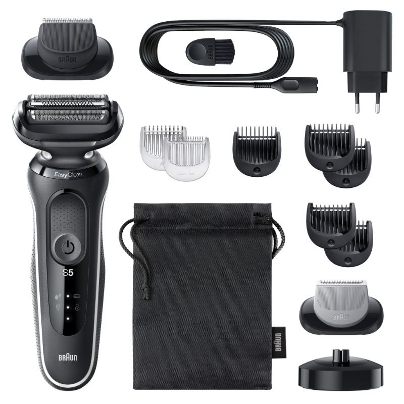 Braun Wet & Dry Shaver with charging stand, 3 flexible blades, and attachments for beard trimming and body grooming.