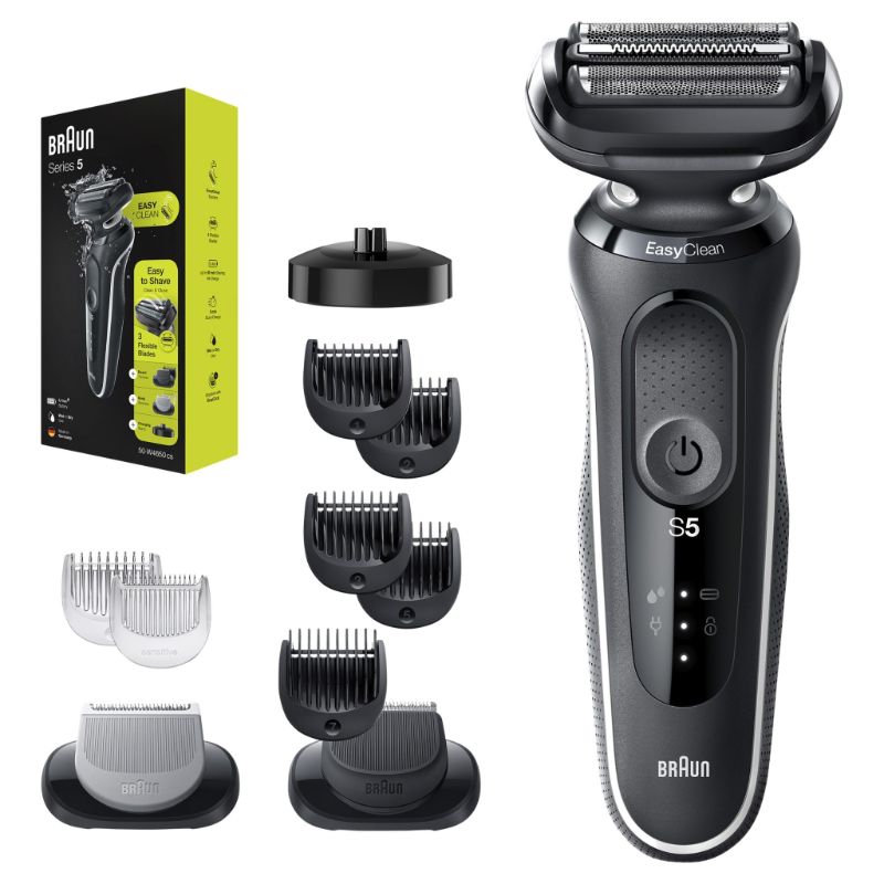 Braun Wet & Dry shaver with charging stand and attachments for effortless shaving and grooming versatility.