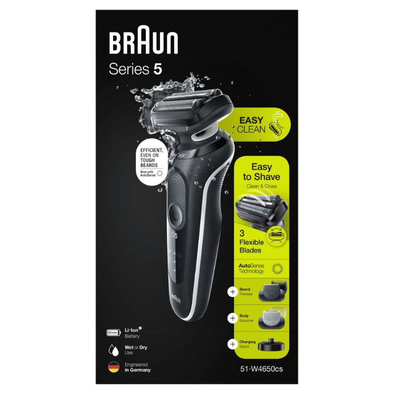 Braun Wet & Dry shaver with charging stand, 3 flexible blades for close shaving, includes beard trimmer and body groomer attachments.