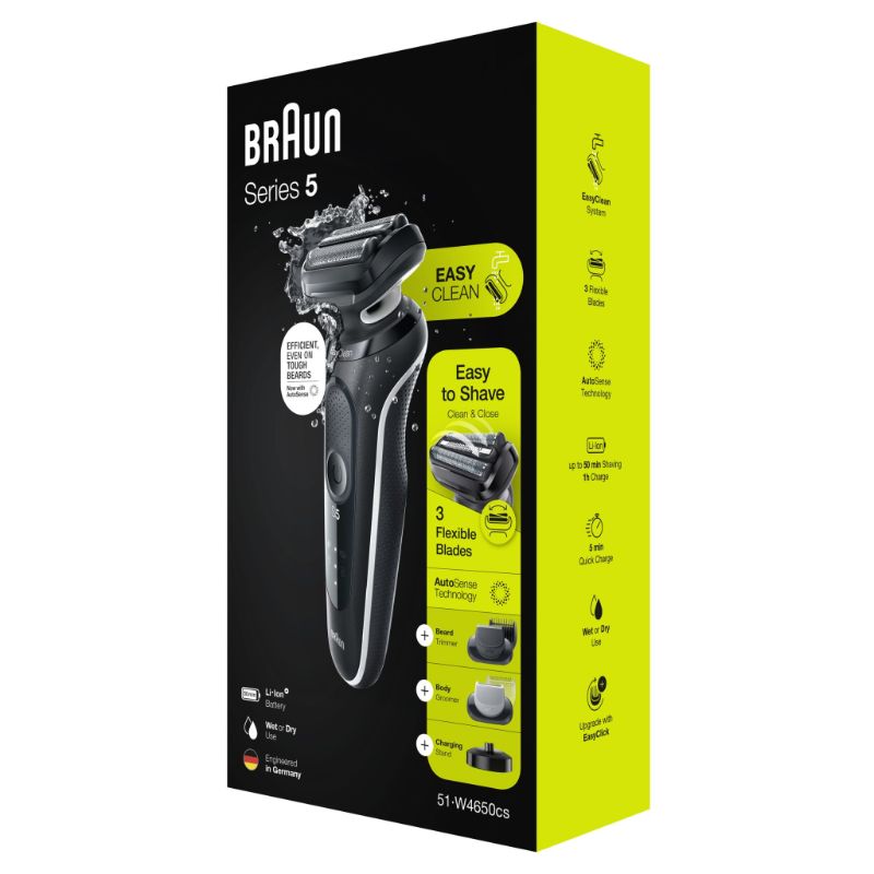 Braun Wet & Dry Shaver with charging stand, beard trimmer, and body groomer for versatile grooming.