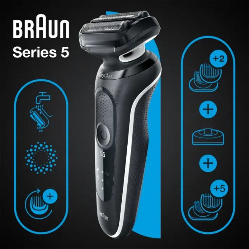 Braun Wet & Dry shaver with charging stand, 2 versatile attachments, 3 adaptive blades for a close, comfortable shave.