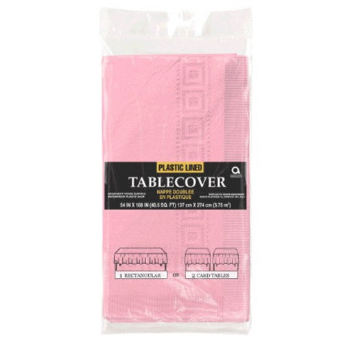 Durable 3-ply pink plastic tablecover for parties and events, providing protection and vibrant style for any occasion.
