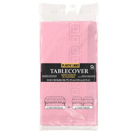 Durable 3-ply pink plastic tablecover for parties and events, providing protection and vibrant style for any occasion.