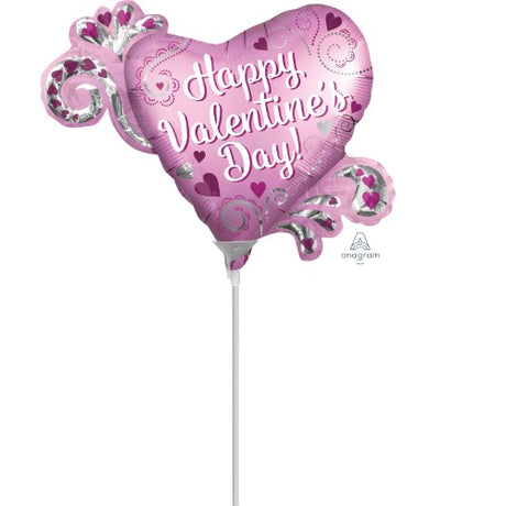 Mini satin heart foil balloon for Valentine's Day, featuring playful swirls and durable design for romantic celebrations.