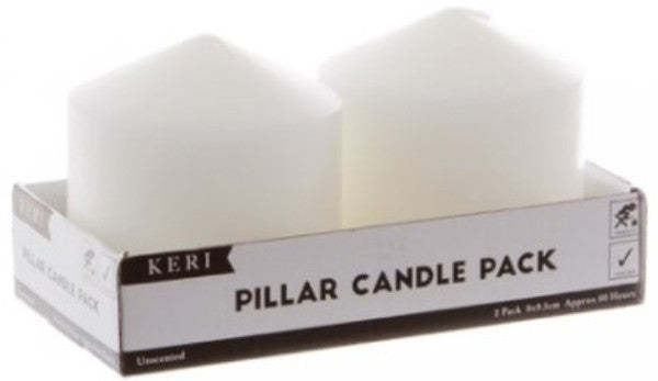 Two unscented white pillar candles, each 9 x 9.5 cm, with 60-hour burn time, ideal for serene atmospheres and decor.