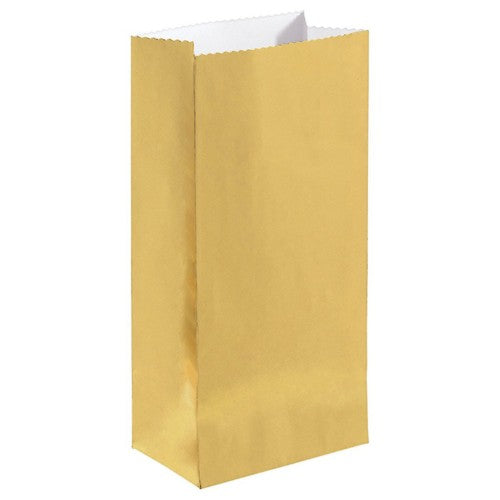 Mini Gold Foil Paper Bags (Pack of 12) - Elegant, eco-friendly gift bags measuring 7.5x3x2 inches for all occasions.