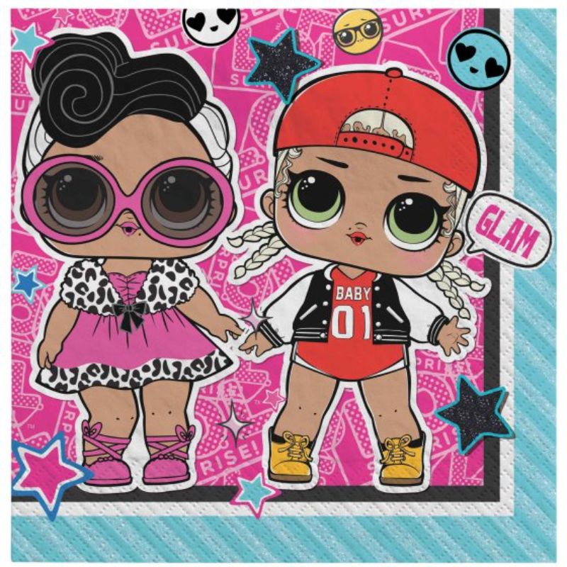 Colorful LOL Surprise napkins set of 16, perfect for parties and snacks, featuring favorite characters and vibrant designs.