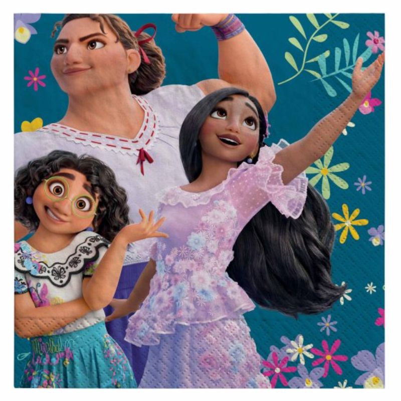 Set of 16 vibrant Encanto lunch napkins featuring beloved Disney characters, perfect for parties and easy cleanup.