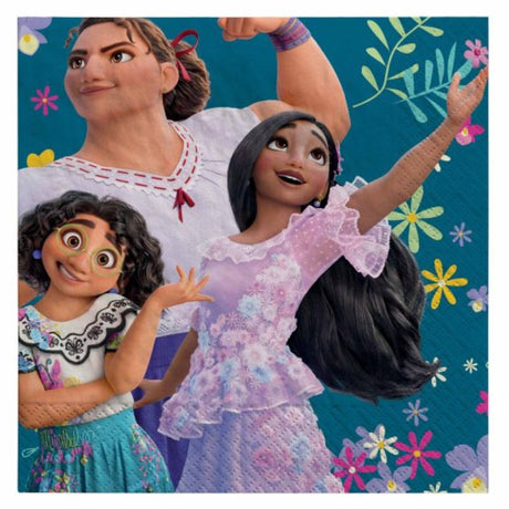 Set of 16 vibrant Encanto lunch napkins featuring beloved Disney characters, perfect for parties and easy cleanup.