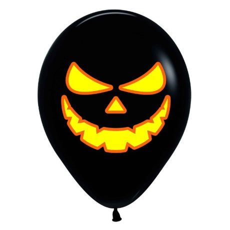 Colorful 30cm latex balloons with spooky pumpkin faces, perfect for Halloween parties and festive decor. Pack of 12.