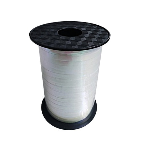 White Balloon Metallic Ribbon, 225m x 5mm, perfect for elegant party decorations and gift wrapping.