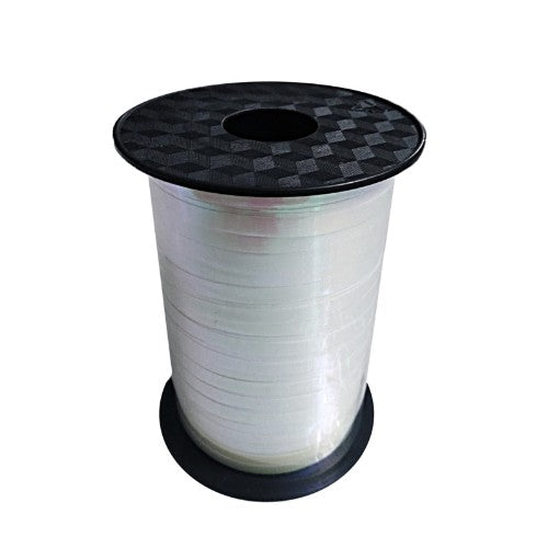 White Balloon Metallic Ribbon, 225m x 5mm, perfect for elegant party decorations and gift wrapping.