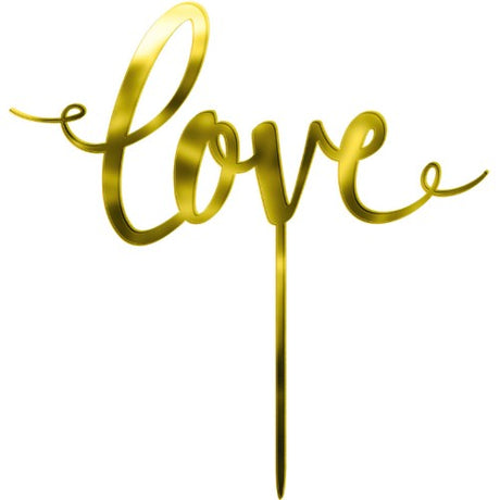 Gold mirrored cake topper in 'Love' design, 16cm, adds elegance to celebrations like weddings and birthdays.