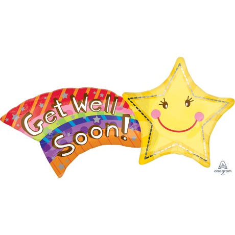Supershape XL Get Well Shooting Star balloon, 69cm x 56cm, self-sealing foil, vibrant colors to uplift spirits.