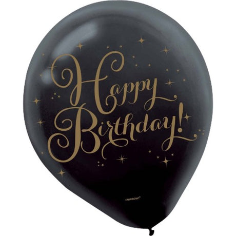 Gold and black latex balloons with 'Happy Birthday' print, perfect for elegant birthday celebrations, pack of 15.
