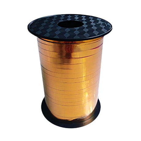 Vibrant orange metallic ribbon, 225m long and 5mm wide, ideal for gifts and party decorations.
