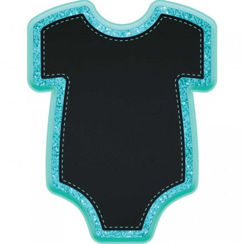 Glittered MDF easel in baby bodysuit shape, perfect for displaying photos and celebrating milestones in nursery decor.
