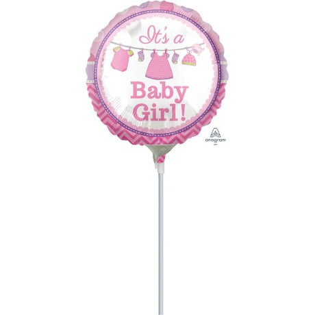 4' Foil Balloon with 'It's A Baby Girl' message, perfect for baby showers and celebrations.