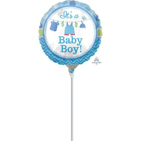 Bright blue 'It's A Boy' foil balloon, 4' long, perfect for baby showers and celebrating a newborn boy.