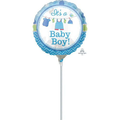 Bright blue 'It's A Boy' foil balloon, 4' long, perfect for baby showers and celebrating a newborn boy.