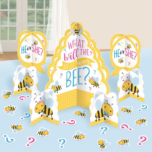 Colorful bee-themed cardboard centerpiece kit for festive table decoration, ideal for baby showers and celebrations.
