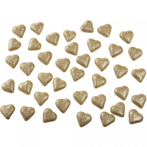 Gold glittered foam heart table scatters, 3.5cm, perfect for party decor, pack of 40.