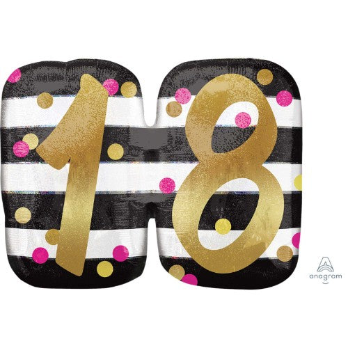 Supershape Holographic Pink & Gold Milestone 18 Balloon, 63cm x 50cm, ideal for vibrant celebrations and stylish decor.