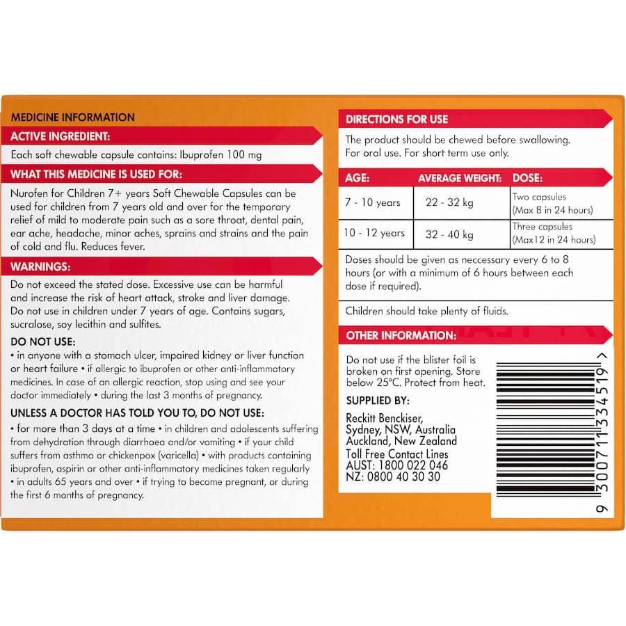 Nurofen Children Ibuprofen 7+ Years Orange Capsules 12pack