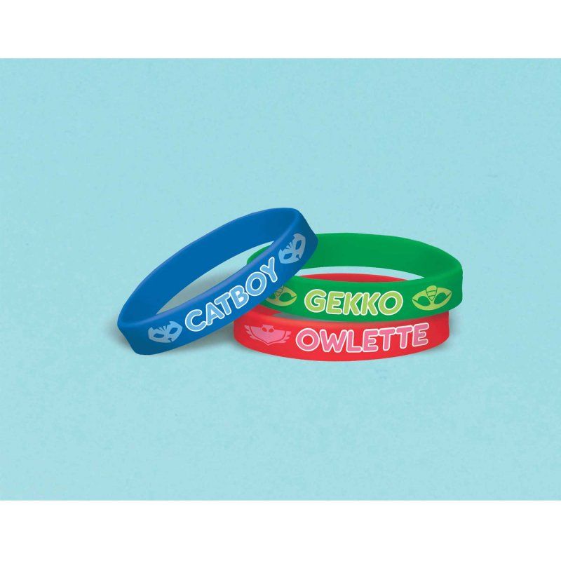 Pack of 6 colorful PJ Masks rubber bracelets featuring Catboy, Owlette, and Gekko, perfect for kids' parties or rewards.