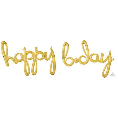 Gold 'Happy Bday' balloon set, elegantly designed, measures 99cm x 68cm and 93cm x 68cm for festive birthday decor.