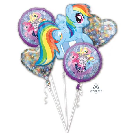 A vibrant pack of 5 My Little Pony balloons, featuring a shaped balloon and four standard ones, perfect for themed celebrations.