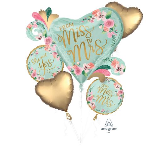 Pack of 5 mint-themed foil balloons, perfect for bridal showers and engagement parties, featuring elegant self-sealing design.