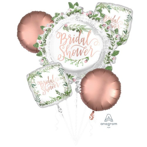 Stunning bridal shower balloon bouquet featuring love and leaves theme, including 1 shape and 4 standard balloons.
