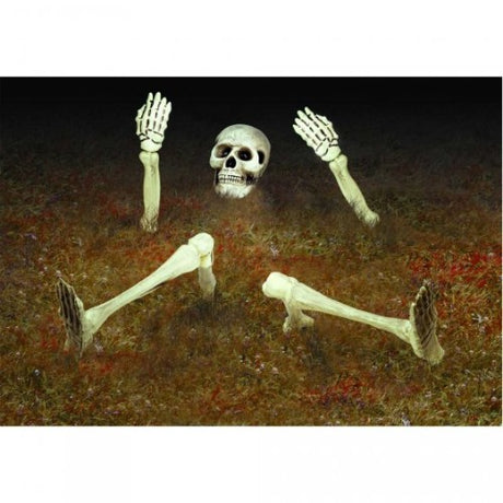 Nine eerie plastic skeleton decorations for Halloween, designed to appear as if emerging from the ground.